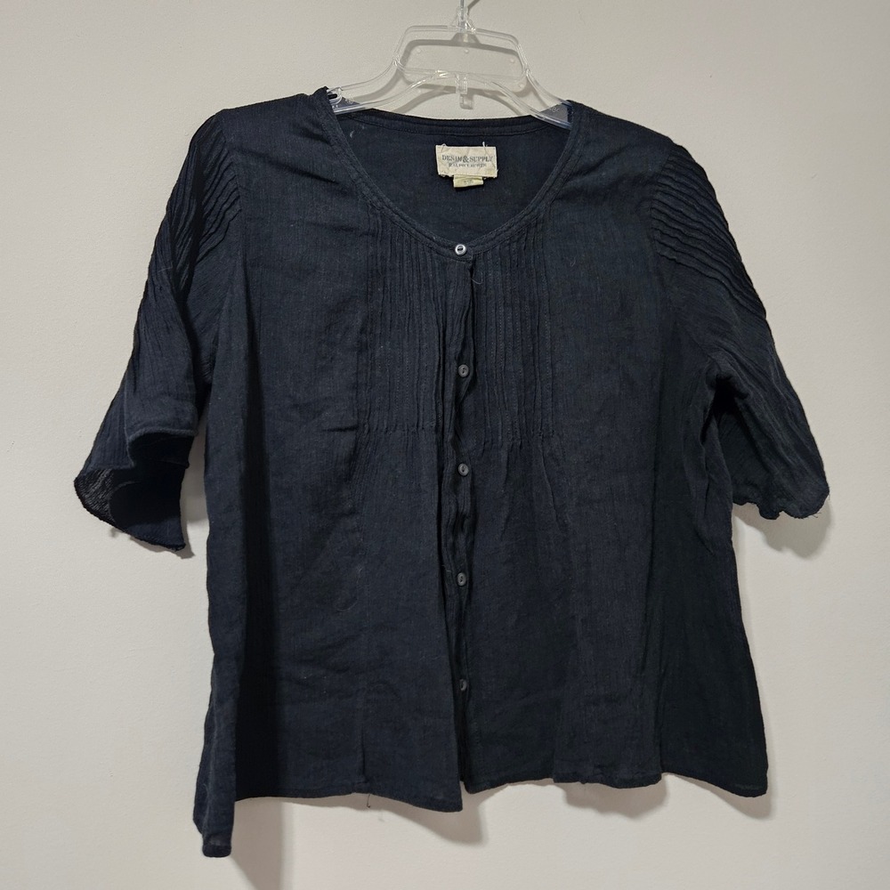 Denim & Supply Ralph‎ Lauren Black Pintuck Pleated Button Front Blouse Medium